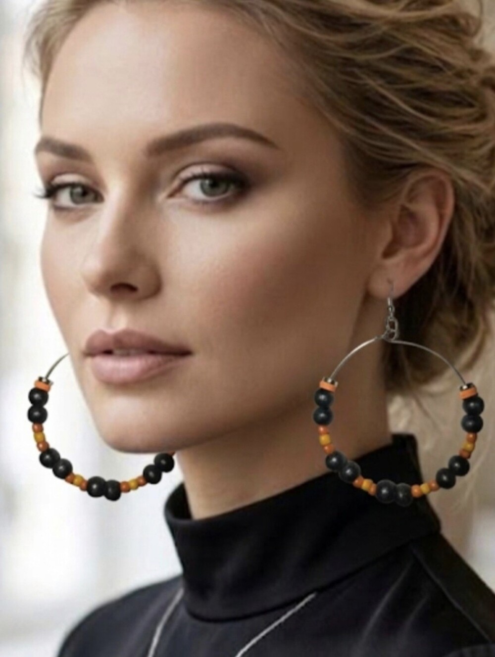 Black and Orange Beaded Hoop Earrings - Women Jewelry